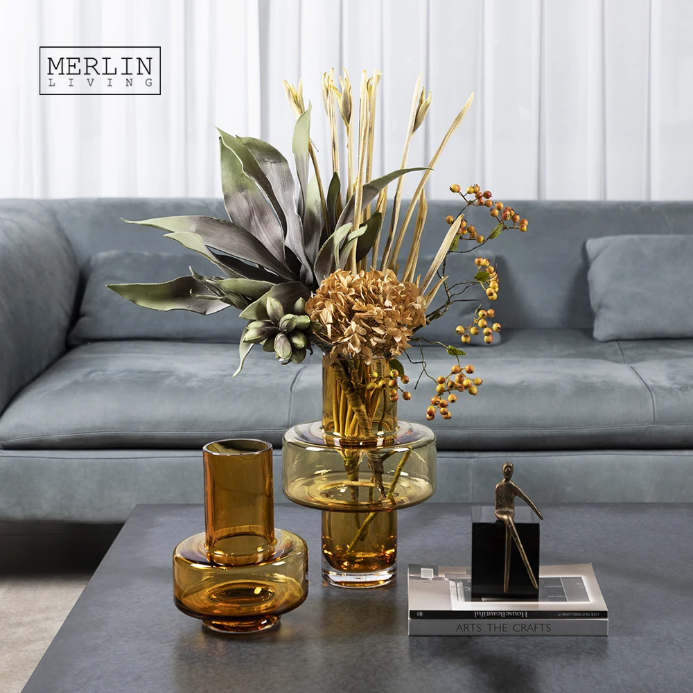 Стеклянная ваза Merlin с витражом в скандинавском стиле, стеклянная ваза-цилиндр янтарной резки для украшения ВАЗ