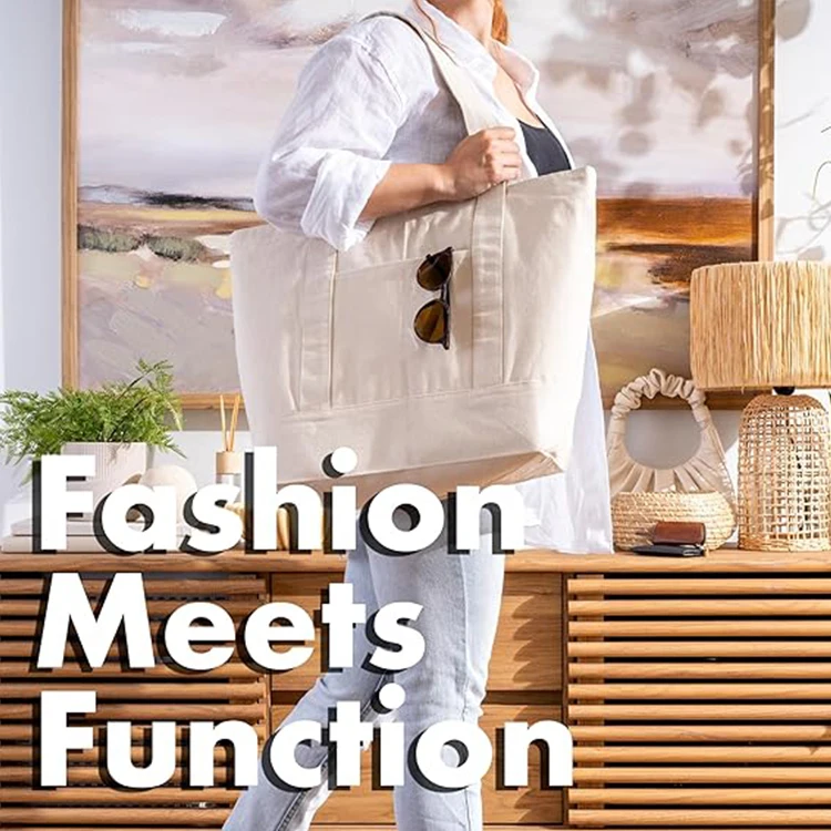 Original Large Capacity Custom Logo Cotton Canvas Tote Bag with Pocket Zipper