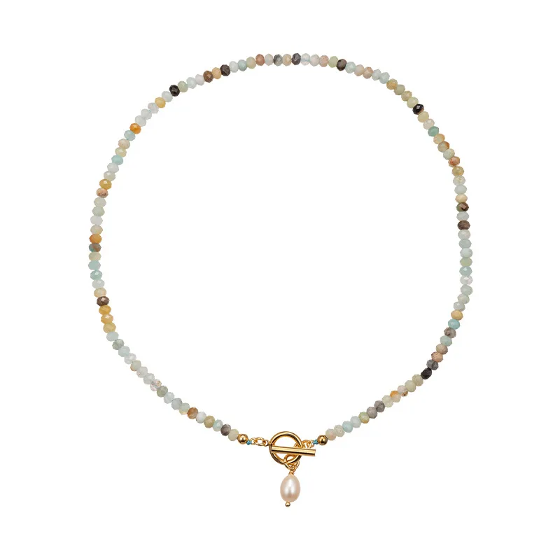 Cheap price light blue aquamarine gemstone beads necklace 18k gold plated OT clasp pearl pendent weeding necklace for women