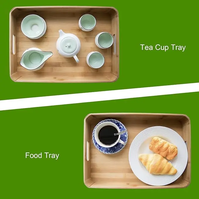 2 Pack Bamboo Tray-Serving Tray with Handles-Large Bamboo Wooden Tray,Food Tray,Tea Tray,Bar Tray