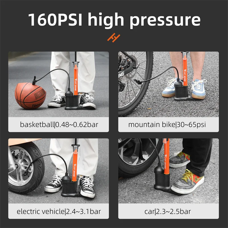 WEST BIKING 160PSI High Pressure Bicycle Detachable Pump Multi-Use Valve Cycle Pump Solid And Durable Aluminum Alloy Bike Pump