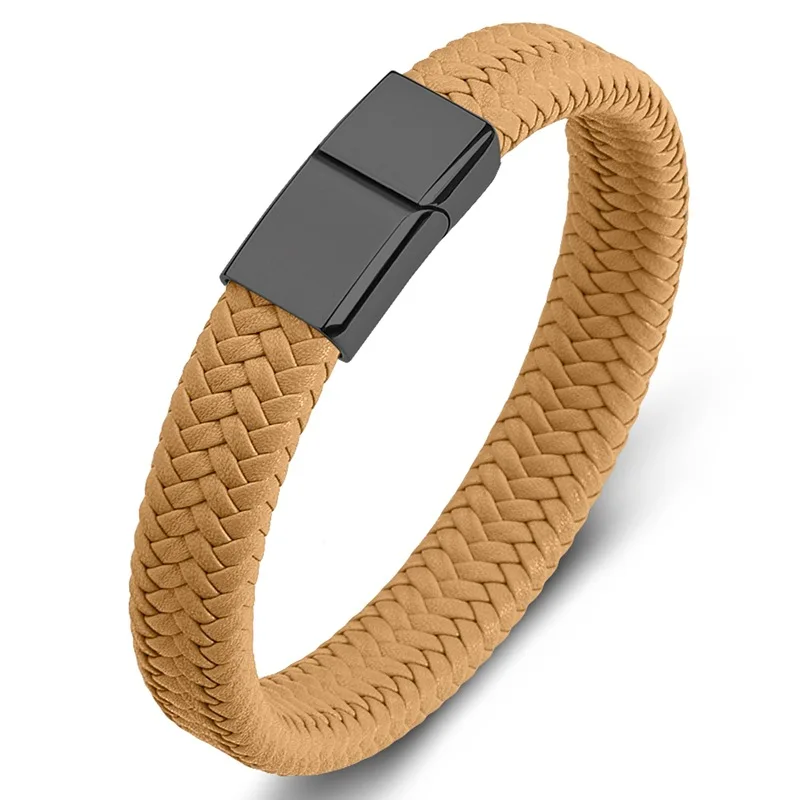 Hot Sale Punk Black Gun Plated Stainless Steel Magnetic Clasp Synthetic Leather Braided Fine Jewelry Bracelets Bangles