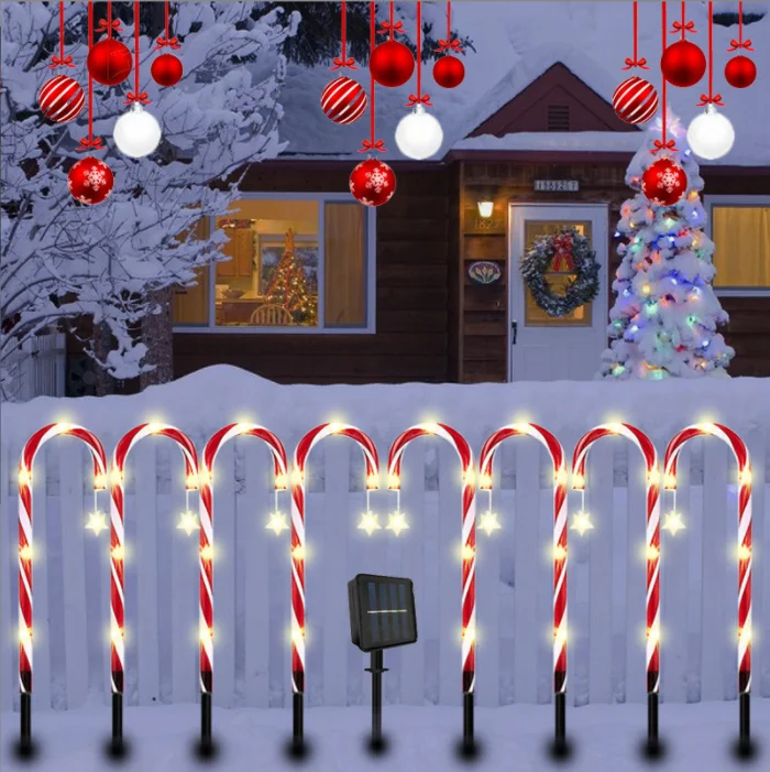 10 In 1 Candy Cane Crutch 47cm Outdoor Solar Decor Garden Pathway Stake Festival Xmas New Year Christmas Candy Cane Solar Lights