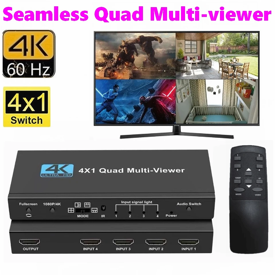 HDMI 4x1 переключатель для мультипросмотра 4K бесшовный четырехэкранный в режиме реального времени разветвитель для мультипросмотра 4 в 1 выход HDMI переключатель адаптер с ИК