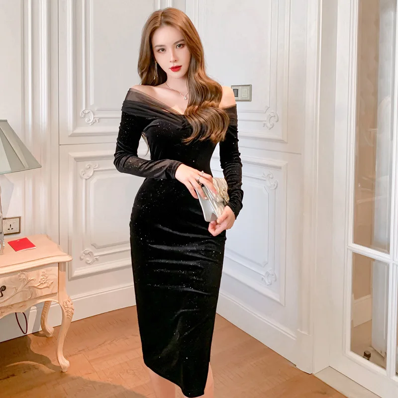 ZYHT 4617 Fashionable Fall Winter Design V Neck Long Sleeve Slim Dresses Velvet Christmas Party Sequined Dress for Women