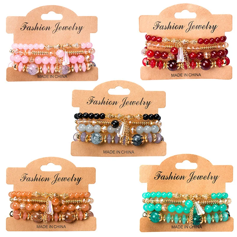 BR23002 Fashion Bohemian Charms Luxury Handmade Elastic Multi layer Coloful Glass Crystal Beaded Bangle Bracelet
