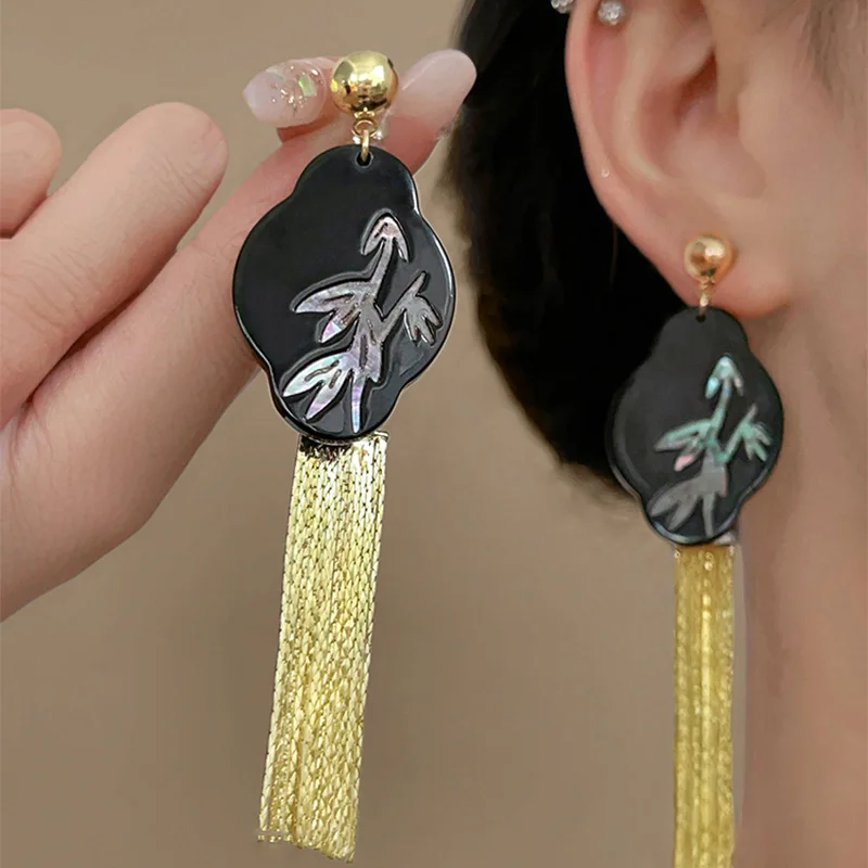 Silver Needle New Chinese Resin Cloud Tassel Earrings China-Chic Personalized Versatile Long Earrings Fashion Earrings Female