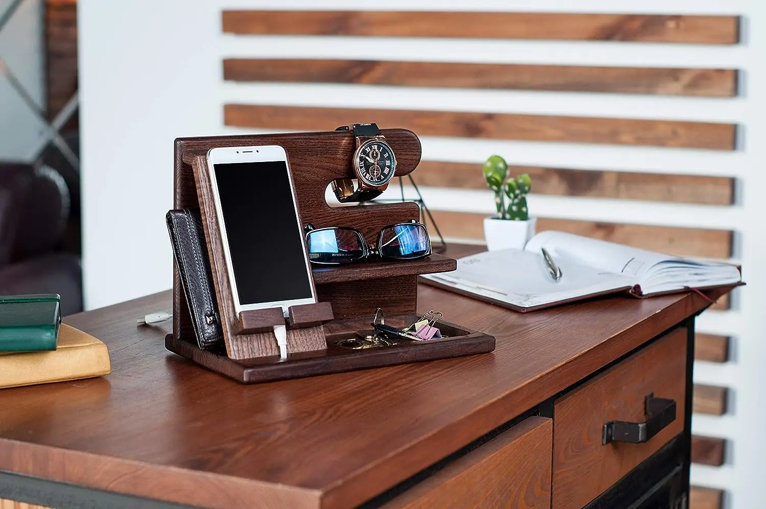 Desktop wooden key holder wallet stand watch organizer, mobile phone bamboo charging dock stand station