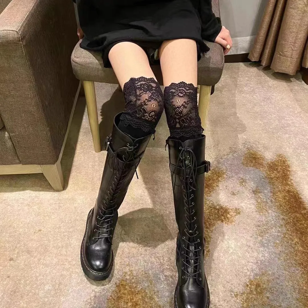 Lace knee stockings thigh socks vertical strip slimming socks ins Korean socks