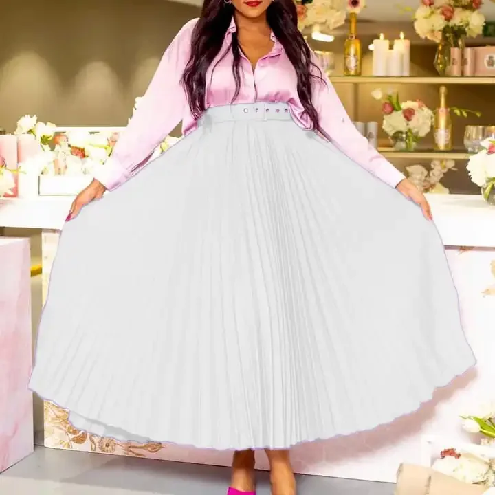 D293P New Design High Waist Large Hem Skirts for Women Pleated Skirts Temperament Ladies Long Skirt With Free Belt