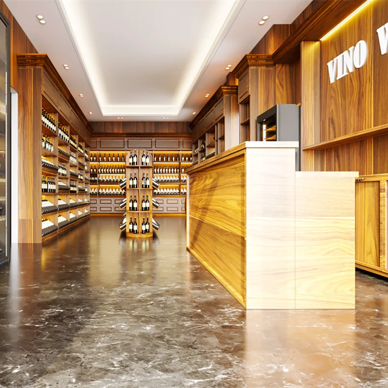 Retail Wine Shop Interior Display Decoration Wine Store Custom Wooden Metal Wall Mounter Wine Sheif Smoke Display Stand