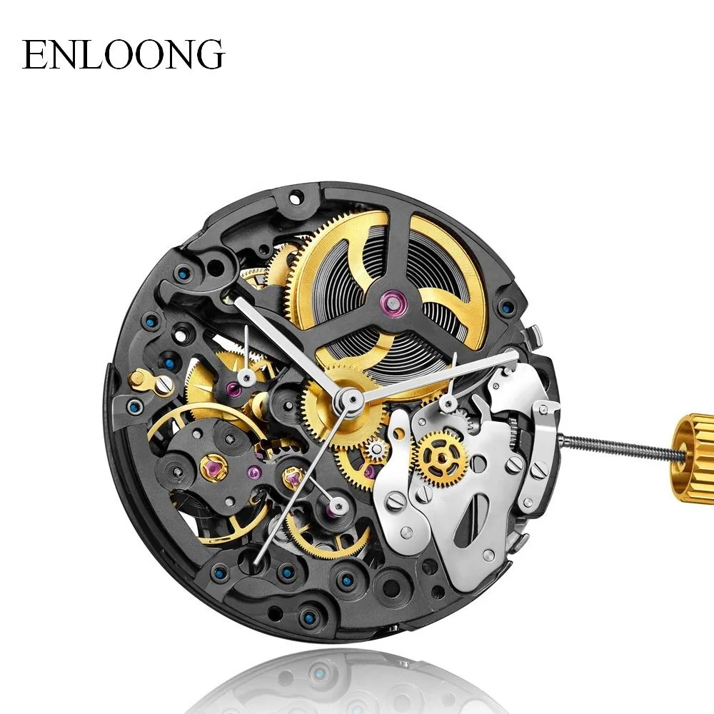 ENLOONG Luxury Skeleton Choronograph Mechanical Movements Self Winding  Custom Rotor 7750 7753 Chrono Movement Automatic Black