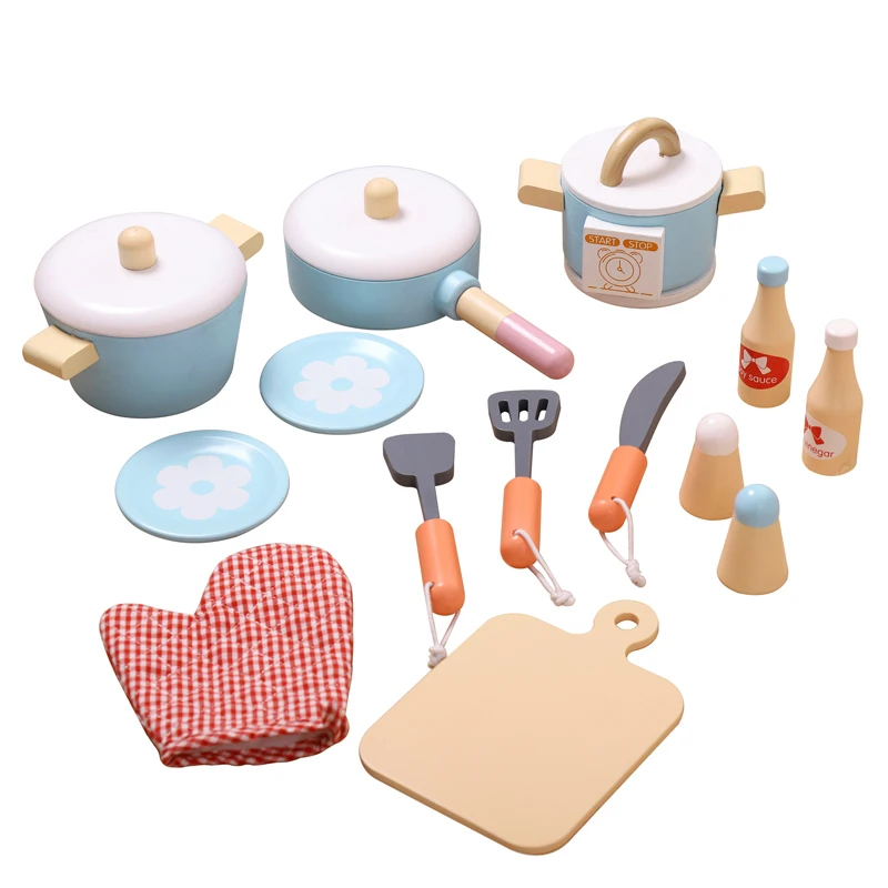 14pcs Play Kitchen Accessories Wooden Play Food Cooking Set with Cookware Pots and Pans Pretend Play Kitchen Set Children Toy