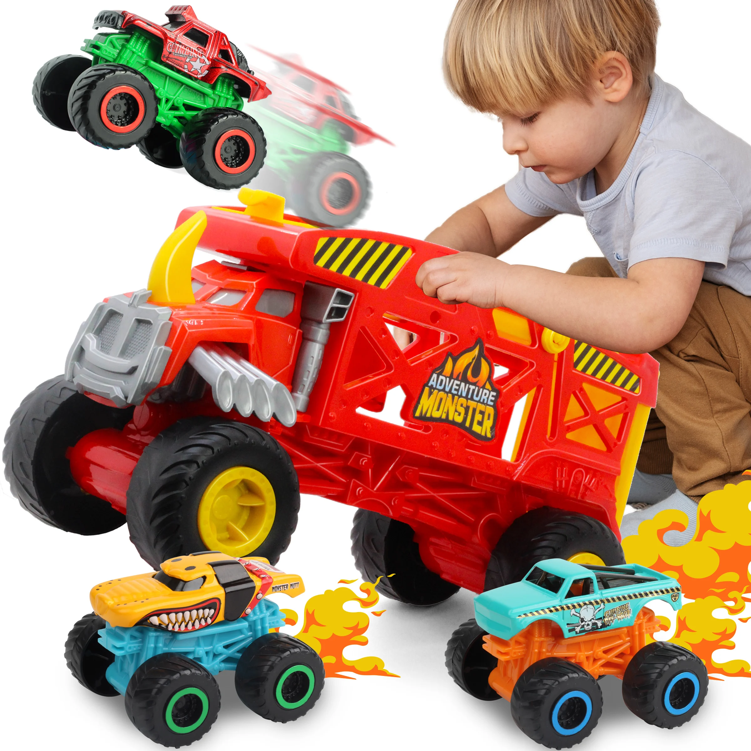 Sunq Factory Cheap Transport Carrier Car Toy Includes 3Pcs Diecast Off Road Vehicle Monster Truck For Kids
