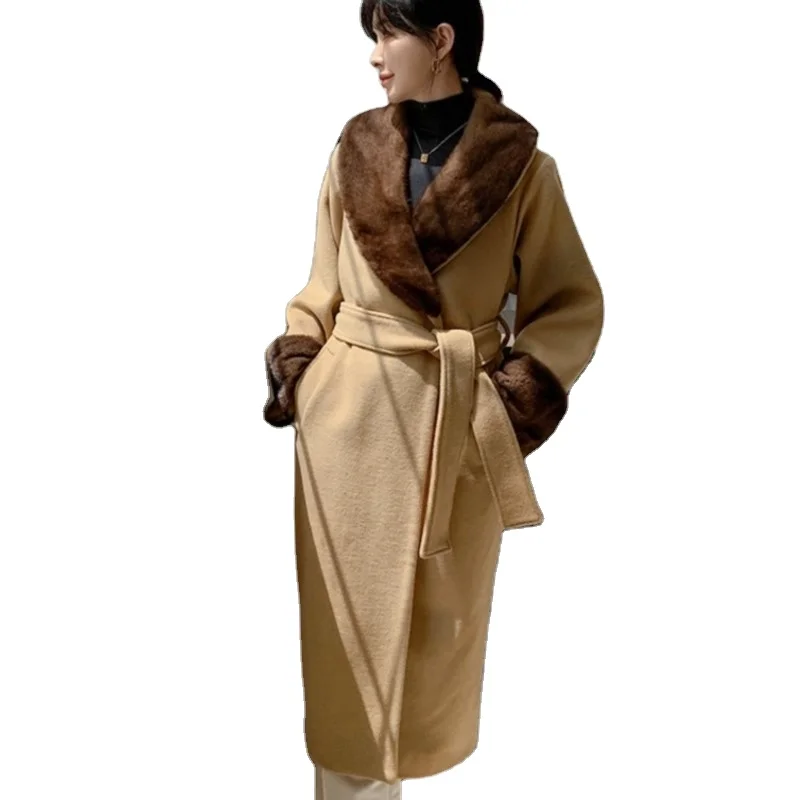 ZDFURS*2022 New Women Luxury Wool Coats Trench Coat Cashmere Large Mink Fur Collar Cuff Lady Winter Long Fur OverCoat Clothing