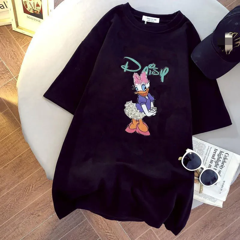 Новая модель 2021, Высококачественная футболка для девочек с мультяшным утенком и жемчугом, футболки из 100% хлопка с графическим рисунком, футболка для девочек с мультяшным рисунком