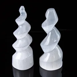 Wholesale Natural Crystals Hand Carved Selenite Spiral Tower White Gypsum Stone Flame Spiral Tower For Healing