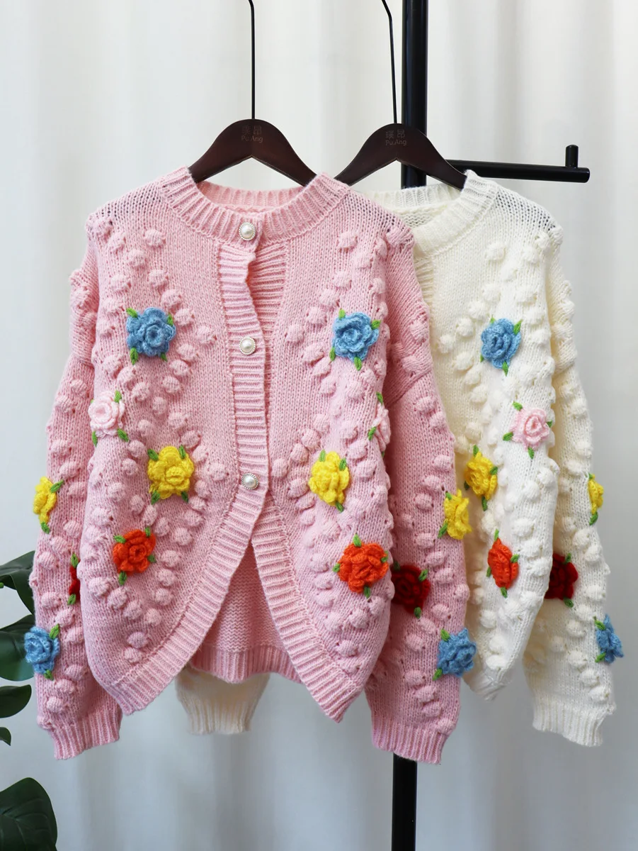 Autumn Winter New Handmade Hooked Flower Knitted Cardigan Sweater Coat Women Design 3d Ball Flower Embroidery Cardigan