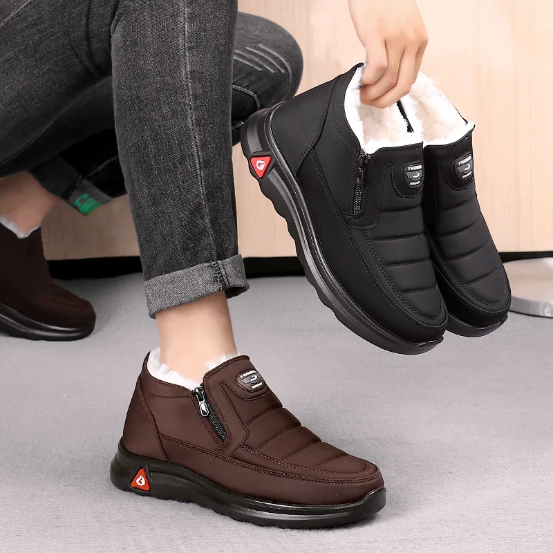 Soft PU sole side zipper wool lined anti slip Men winter wool warm shoes loafers waterproof snow boots for man