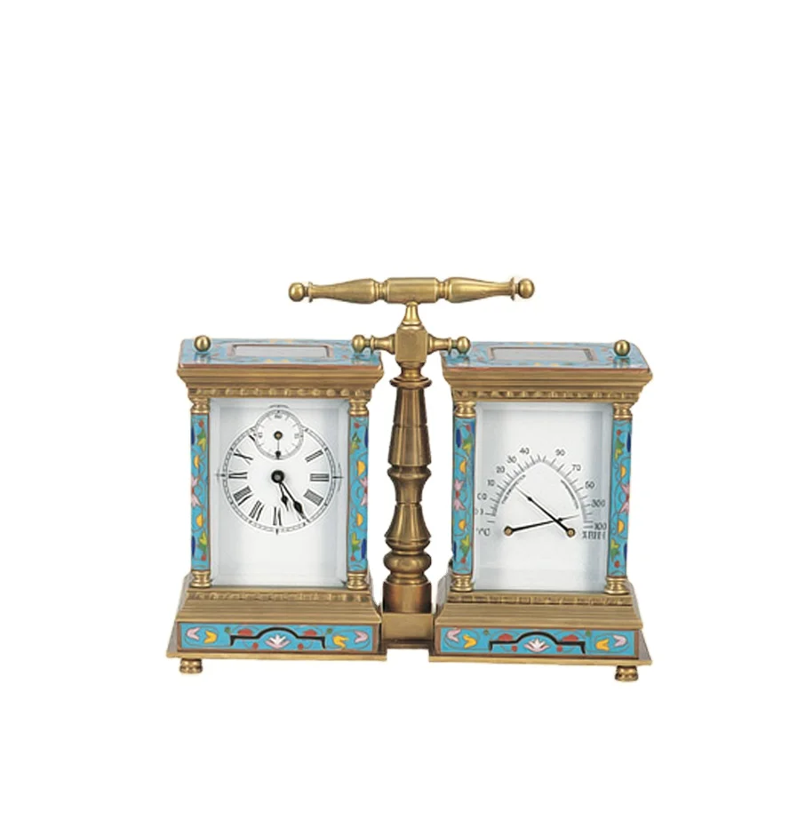 Large French Style  Gilt Brass Cased Blue Sky/Right Flora Cloisonne Enamel  Twins Hygrometer Carriage Travel Clock/Watch