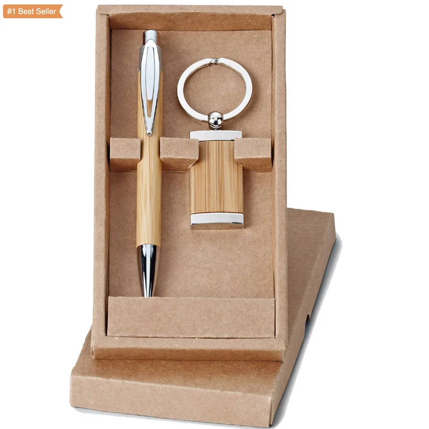 Wood Custom Promotional Branding Key Tag Gift Item Pen Bamboo Key Ring Gift Set