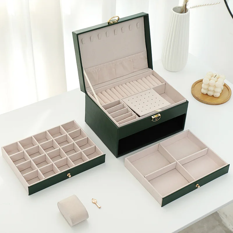 Multi-function jewelry box Three layer lock leather jewelry storage box Earring jewelry box