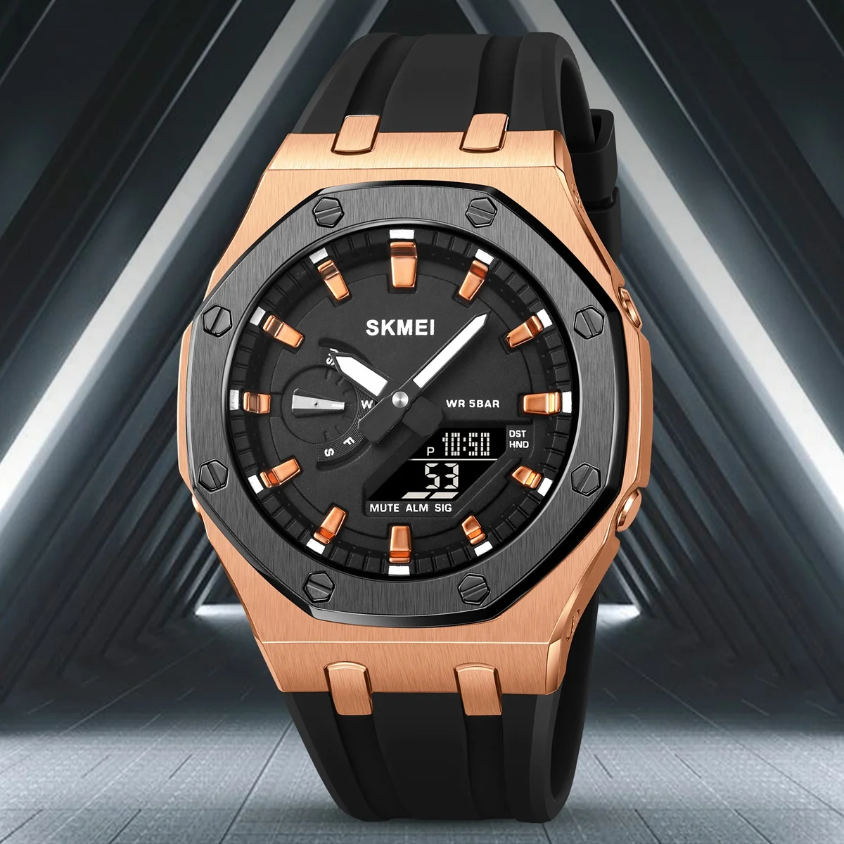 Skmei 2243 Sport Analog Quartz Watch for Men Waterproof Alloy Dual Display New Style Round Case Silver Band with Alarm Feature