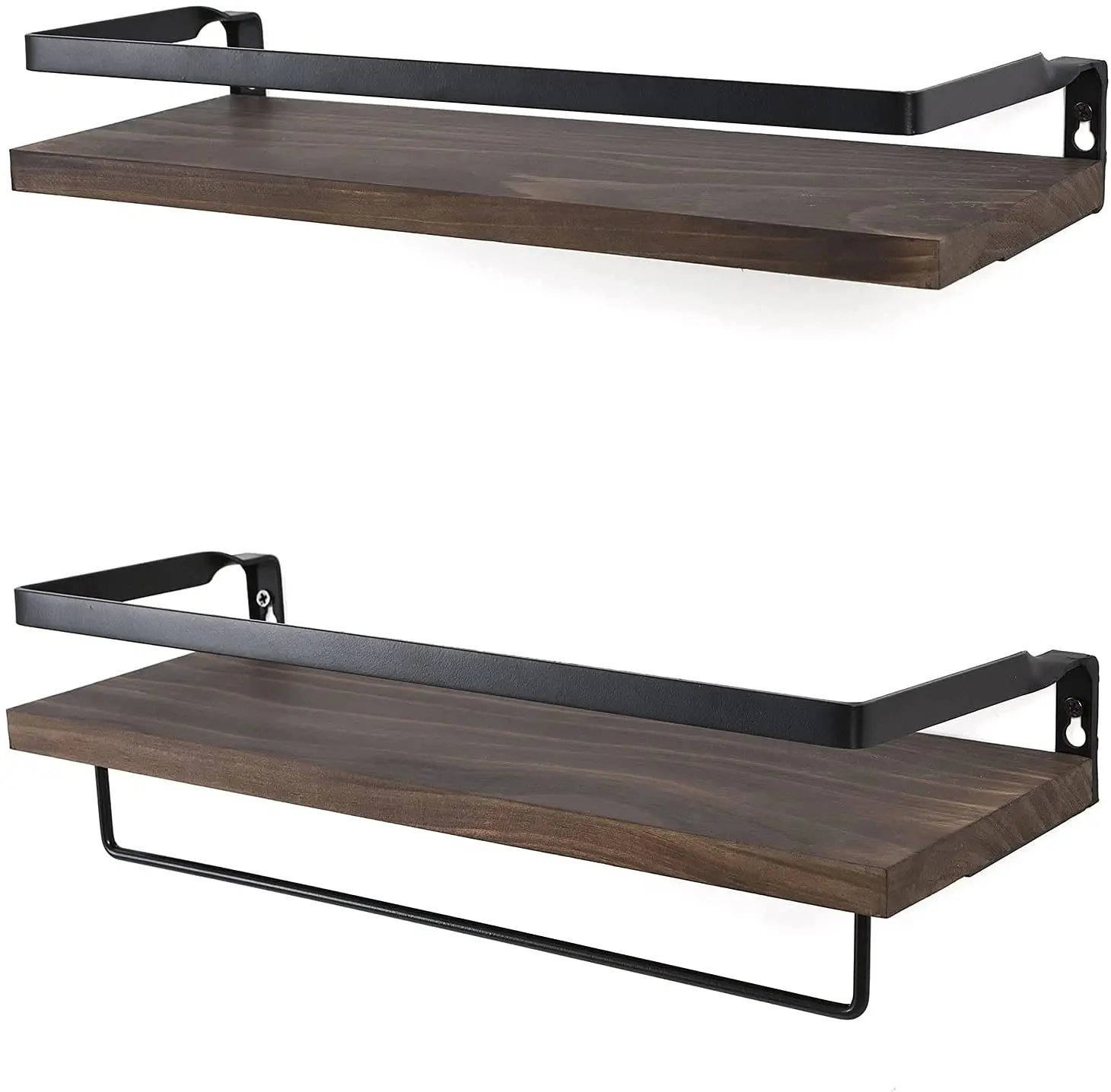 Kitchen Bathroom Set of 2 Wooden Floating Shelves Wall Mounted Storage Shelves with Removable Towel Holder