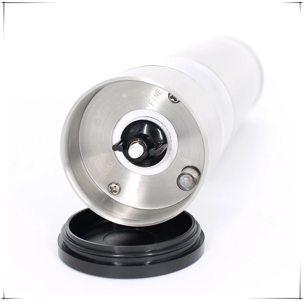 battery operated electric salt and pepper mill grinder with acrylic spice container and stainless steel body