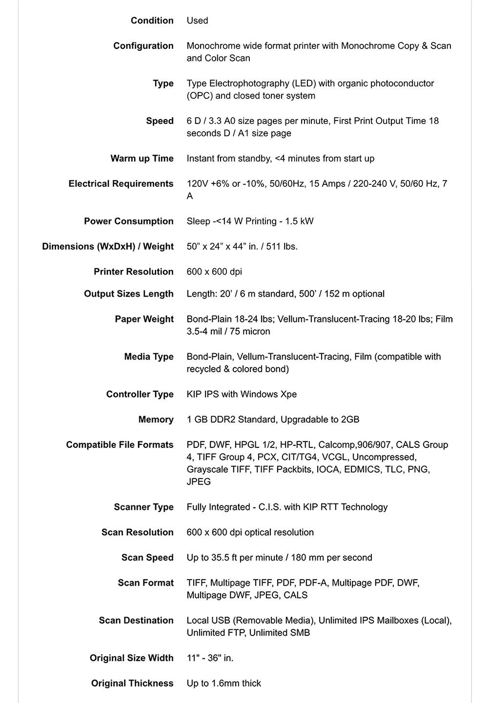 Refurbished Engineering KIP 7100 36-inch A0 Mono Wide Format Printer for Workgroup Copier with Color Scan In Good Condition
