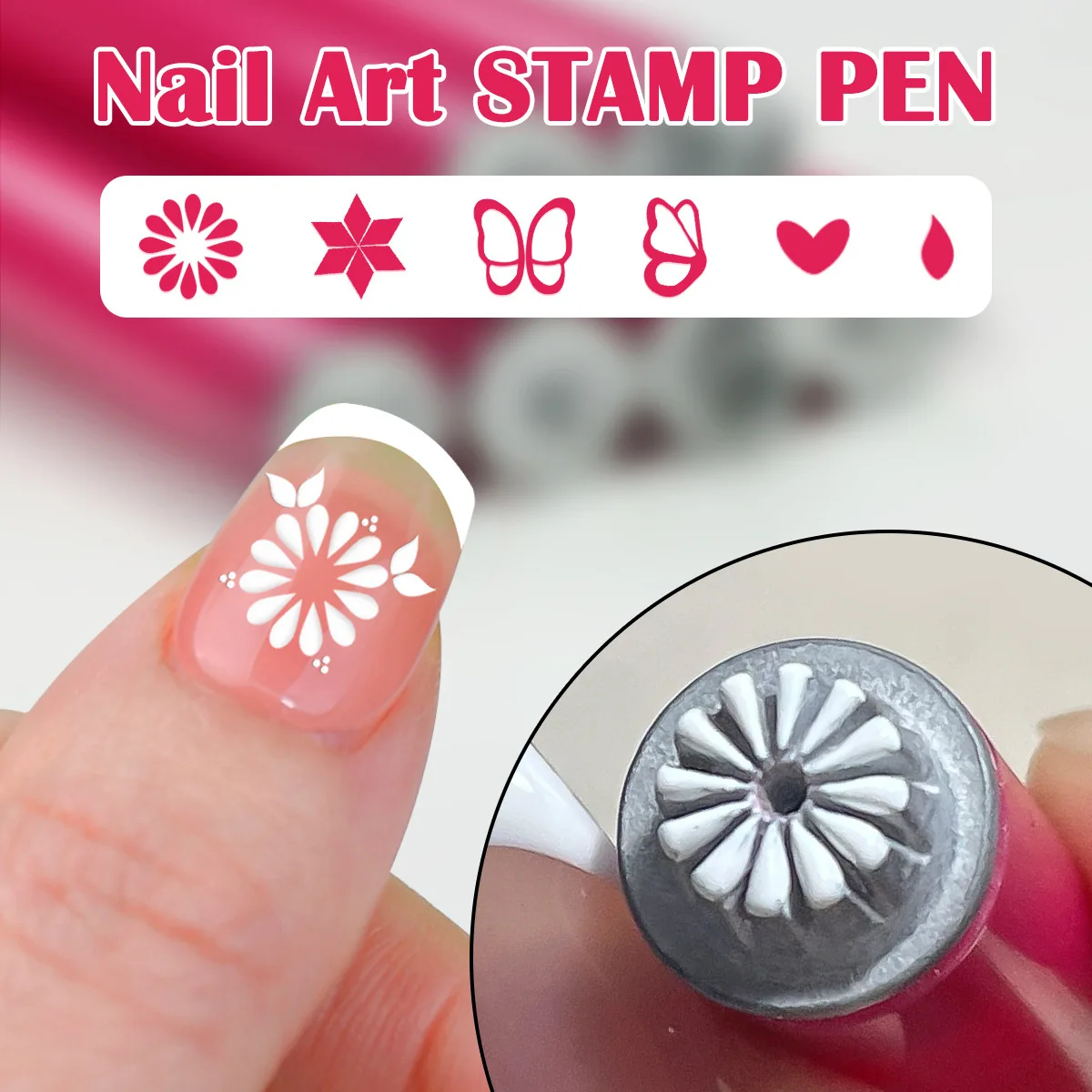 Misscheering Nail Art 6 Pieces Nail Art Stamp Pen Set Multi Shaped Butterfly Flower Metal 3D Multi Functional Printing Pen