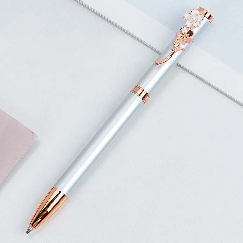INS creative Pearl peach blossom pen Korean edition students lovely pink cherry blossom rose gold metal pen