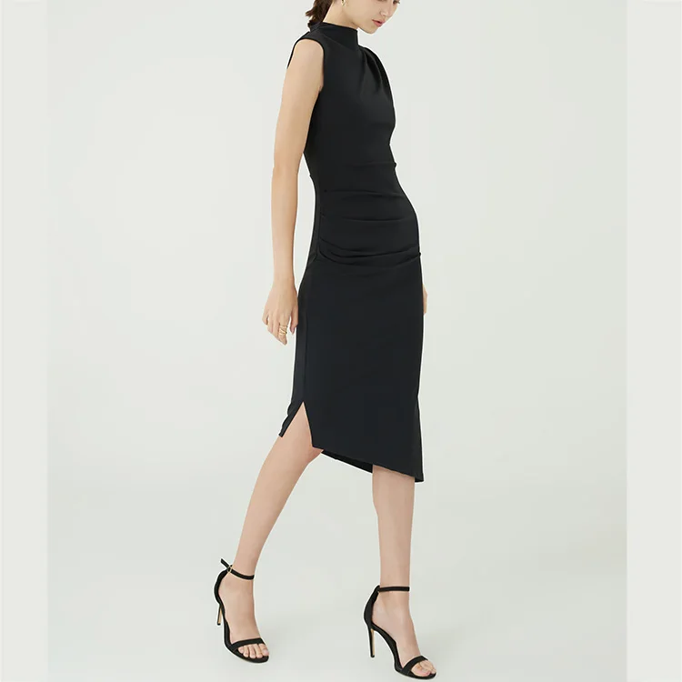 High Neck Slightly Capped Shoulder Pleats Across Waist And Mid-riff  Asymmetrical Hem Black Casual Dresses