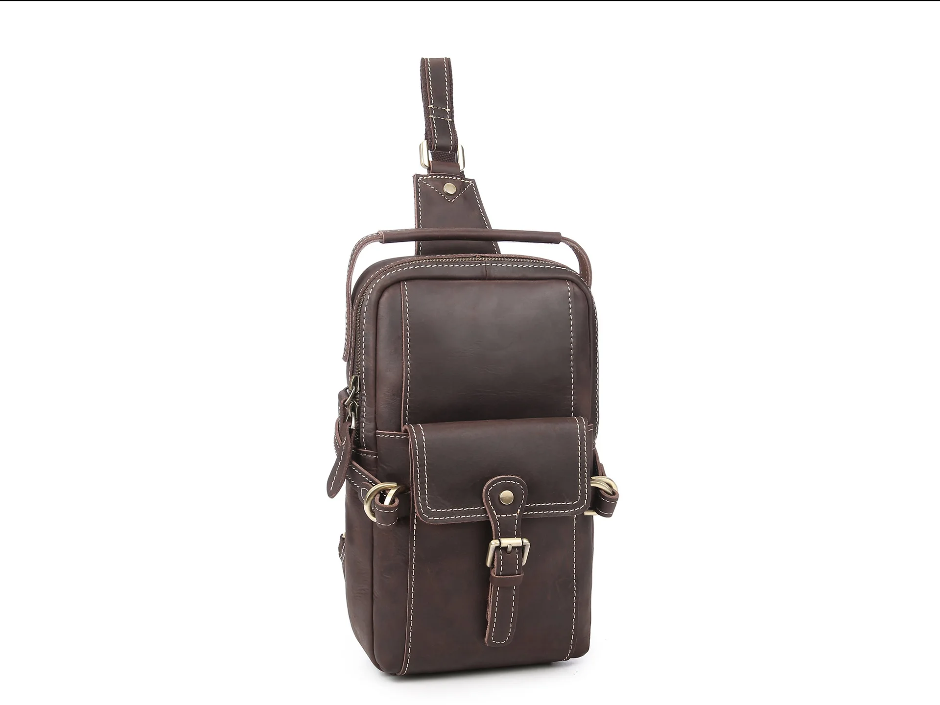 Genuine Leather Casual Fashion Chest Sling Bag Black Design One Shoulder Daypack Crossbody Bag Male 1105