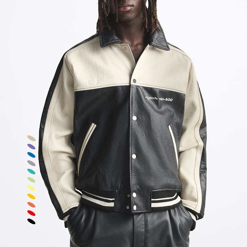 Custom embroidery black white contrast lapel collar color block leather jacket for men