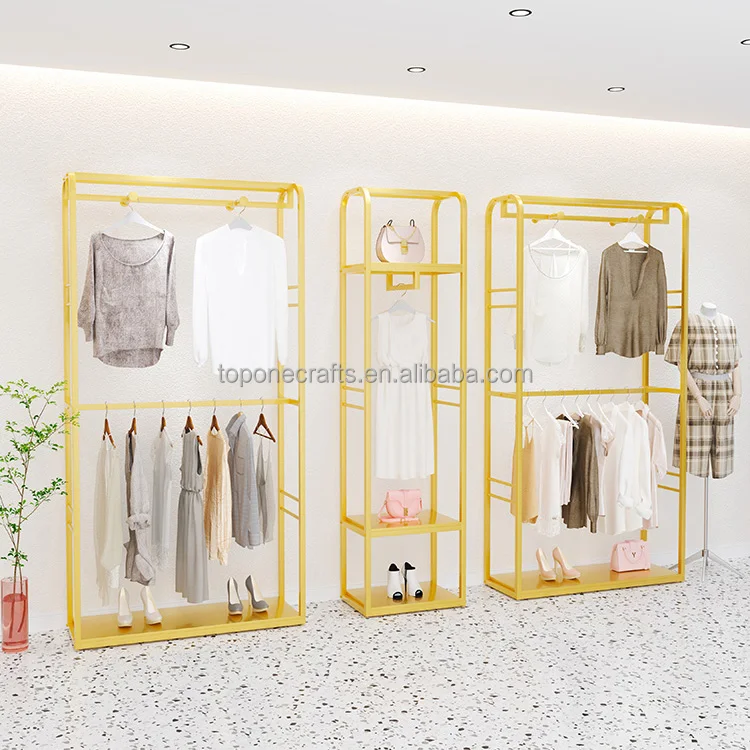 Best Seller Clothing Shop Gold Stainless Steel Floor Stand Space saving heavy duty clothing display racks for boutique