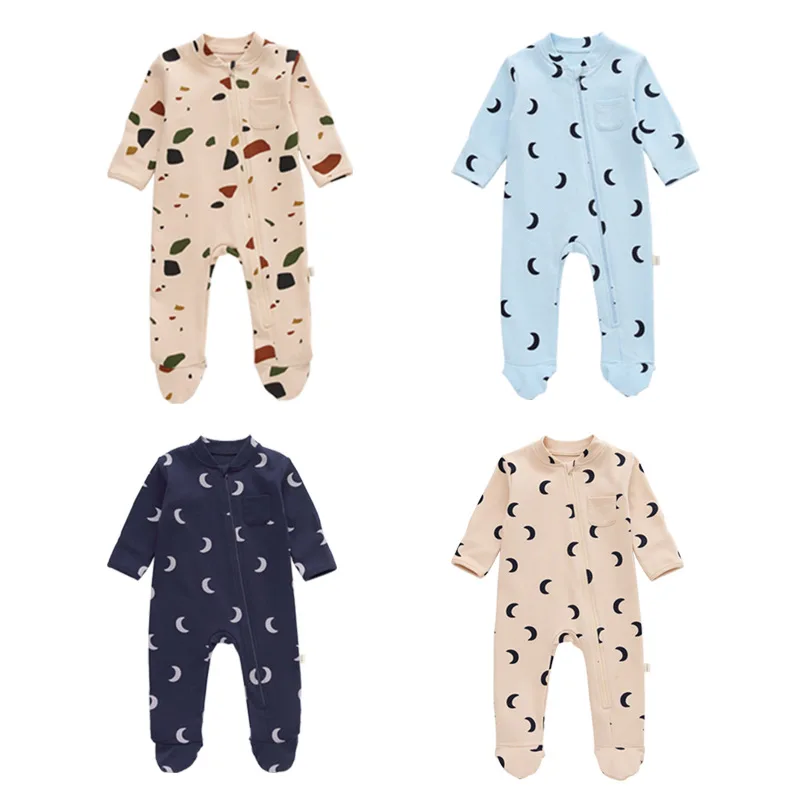 100% Cotton Organic Infant Jumpsuit Zipper Baby Rompers Custom Print Solid Hooded Romper Pajamas  Bodysuit Set