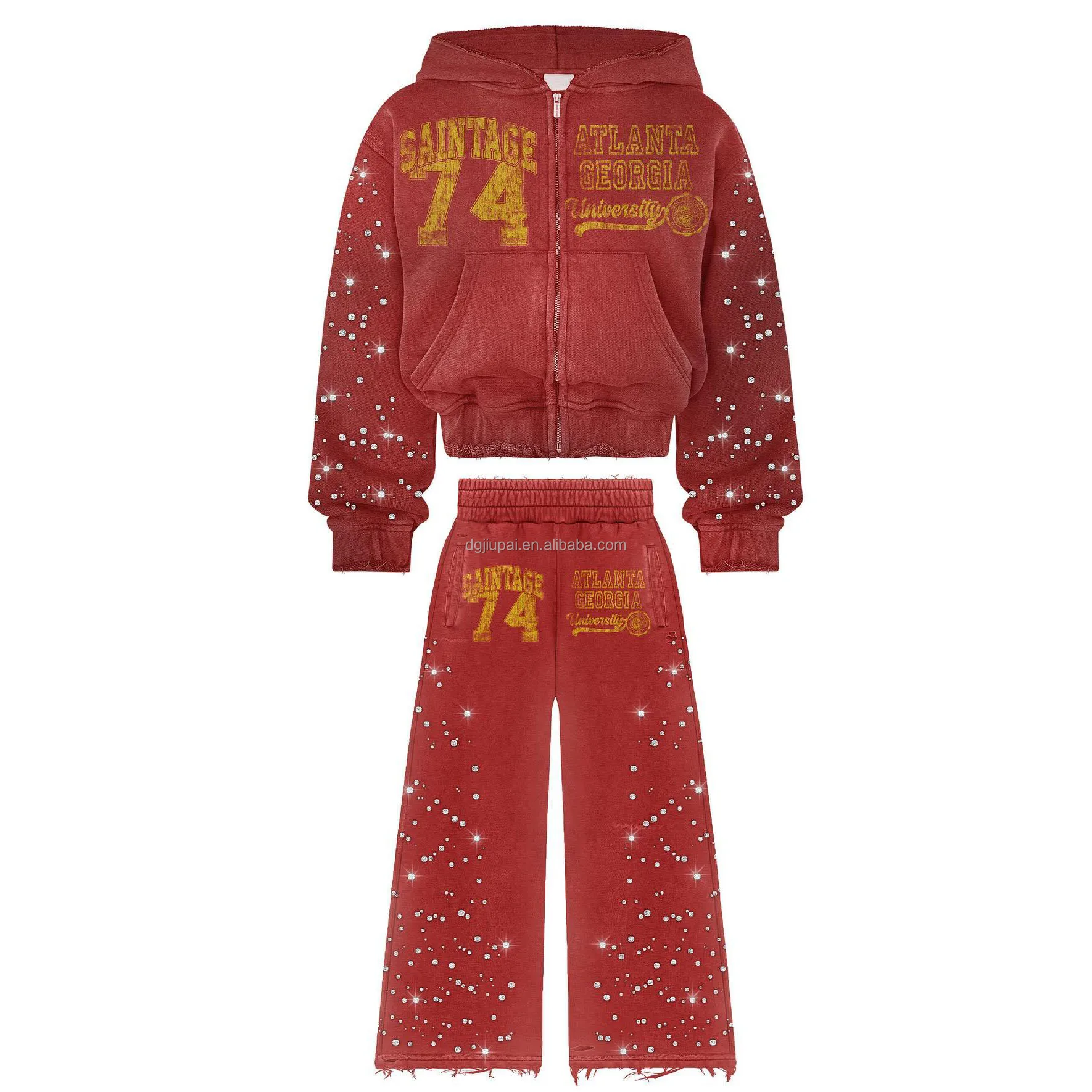 Custom Unisex Dtg Graffiti Oversized Cropped Acid Wash Distressed Vintage Zip up Rhinestone Hoodie and Sweatpants Set