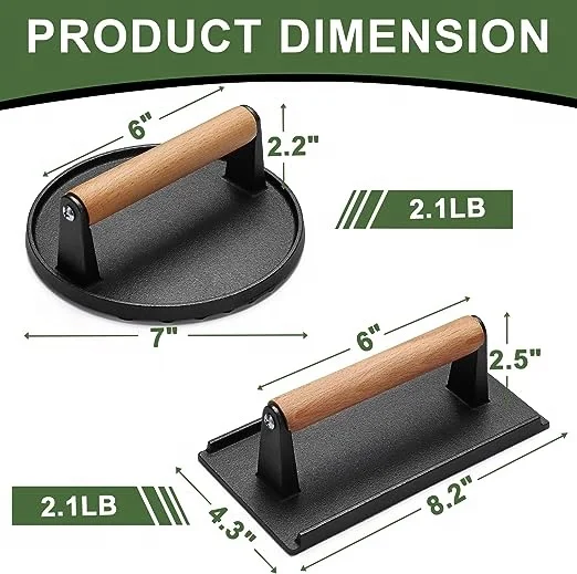 Heavy Duty Cast Iron Urger Press Crushed Bacon Pressed Meat Steak Press Burger with Wooden Handle