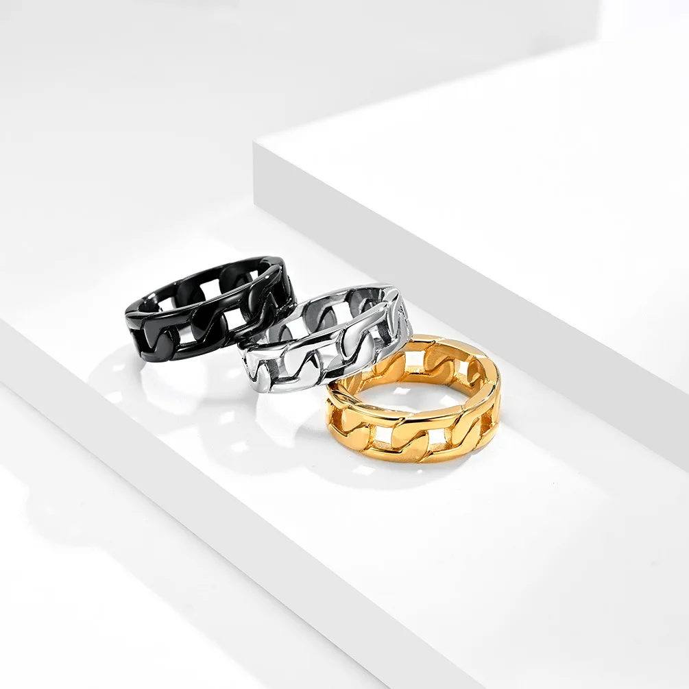 Cuban Link Chain Rings 316l Stainless Steel Authentic Men Bijoux Homme Hip Hop Hollow Chunky Ring