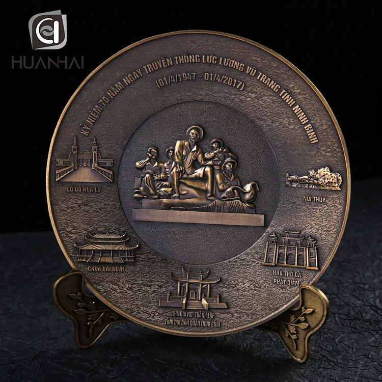 customized antique bronze metal embossed logo 3d award vietnam souvenir plate