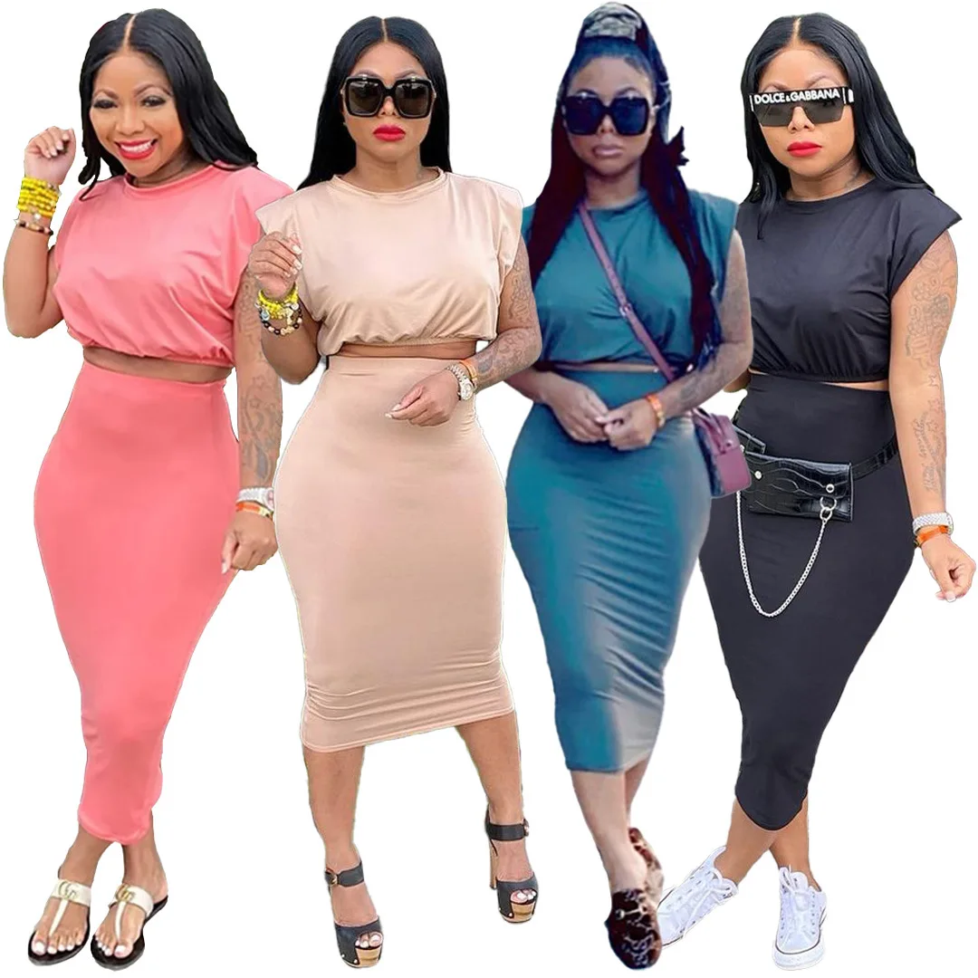
M8912 New arrivals 2021 shoulder pads sleeveless T-shirt tops 2 piece skirt set solid color summer two piece outfits for women 