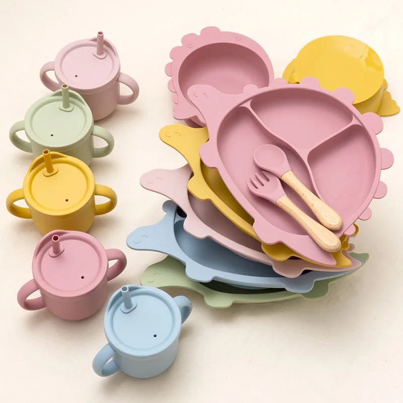 Dinosaur Silicone Children Plate Baby Plates Sets Baby Feeding Dish Suction Baby Silicone Tableware Plate Bowl With Spoon