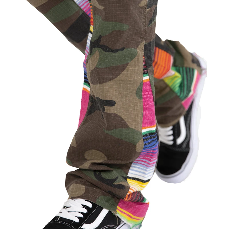2022 Men Fashionable 100% Cotton Slim Serape Patchwork Boot Cut INS Style Camouflage Cargo Pants Flare Sweat Pants Men