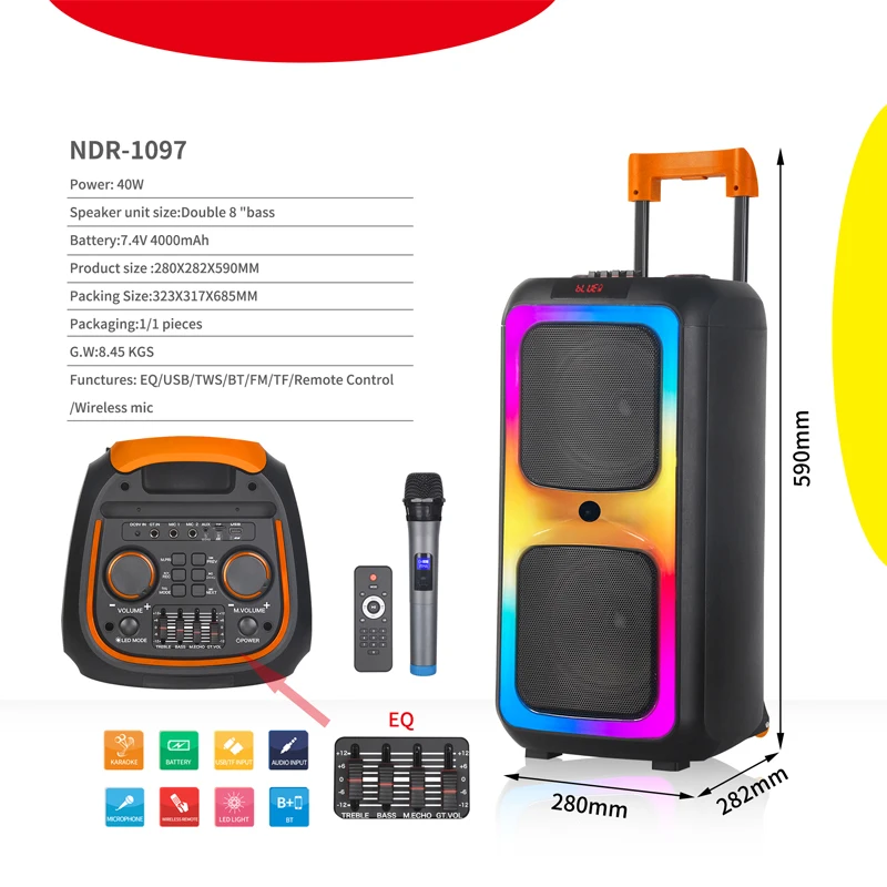 8 Inch Karaoke Circle Amplified Speaker Wireless Woofer Speaker Mic Remote Control Color Led Outdoor Tws Party Trolley Speaker