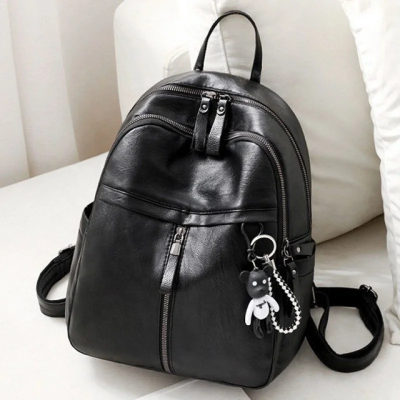 Korean Fashion Style Black Backpack Trendy Waterproof Casual Travel Bag Soft PU Leather School Backpacks for Girls