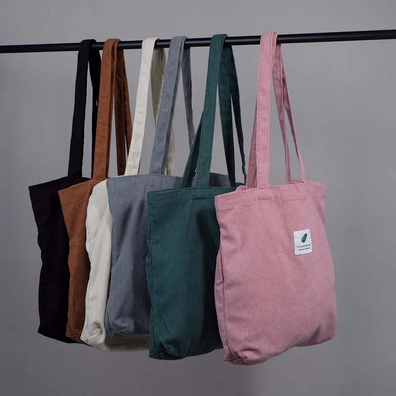 Origin Factory Customized Logo White Corduroy Bag Fashion Corduroy Tote Bags for Women with Pocket