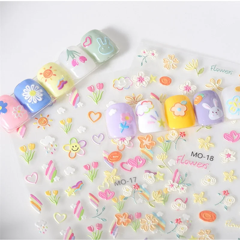 Hot sale 5D embossed cute flower nail art stickers adhesive diy rabbit nail decals decoration manicure