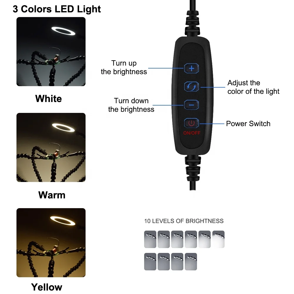 Soldering Third Hand Soldering Station 5Pcs Flexible Arms with 3X LED Magnifying Glass for Aircraft PCB Welding Repair Holder