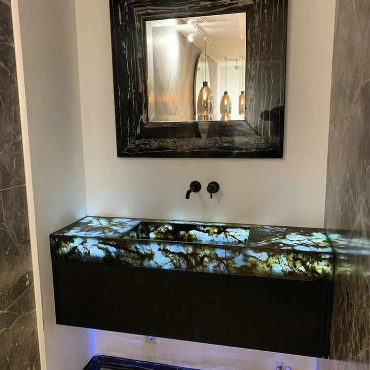 Natural Marble Wall Mounted Bathroom Vanity with LED Backlit Mirrored Cabinets